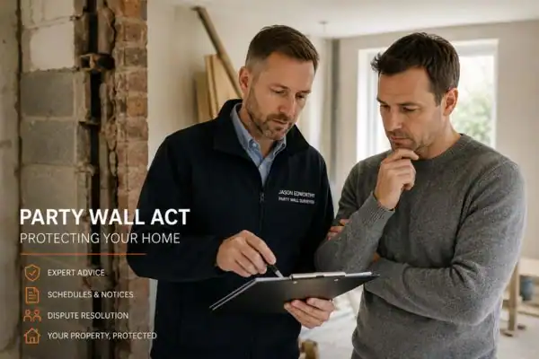 Party wall surveyor Droitwich discussing extension plans with homeowner outside a UK semi-detached house.